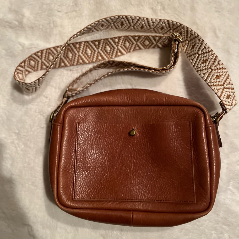 Madewell Brown Leather Crossbody Camera Bag with Patterned Strap